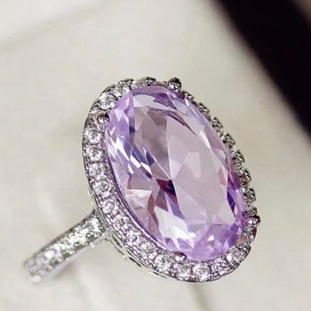 ✨925 Silver Plated Shining 4 Claws Oval Shaped CZ Ring, MARR9375